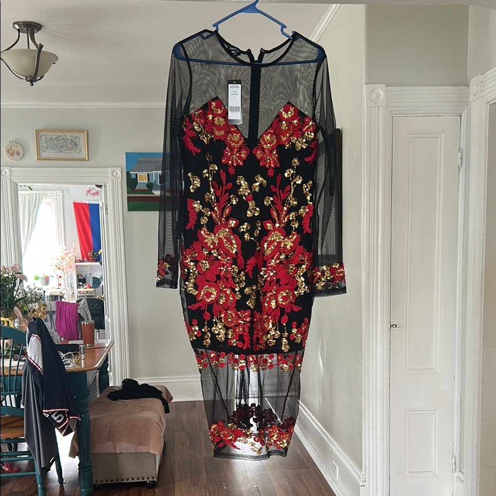 Bebe Red and Orange Long Sleeve Bodycon Dress. Never worn